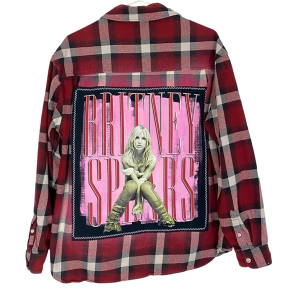 Britney Spears Flannel Shirt Unisex Large Red Plaid Button Down Handmade Upcycle - Picture 1 of 13